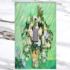 May include: A light switch cover featuring a painting of a vase of white roses against a green background. The painting is in the style of Vincent van Gogh.
