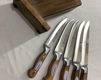 5 Pieces Wooden Handle World Famous Registered Handmade Surmene Knives + Wood Stand