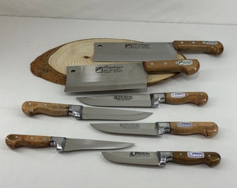 7 Pieces Lot, Classic Wooden Handle World Famous Registered Handmade Surmene Knives + Big And Small Special Stainless Meat Cleavers Active