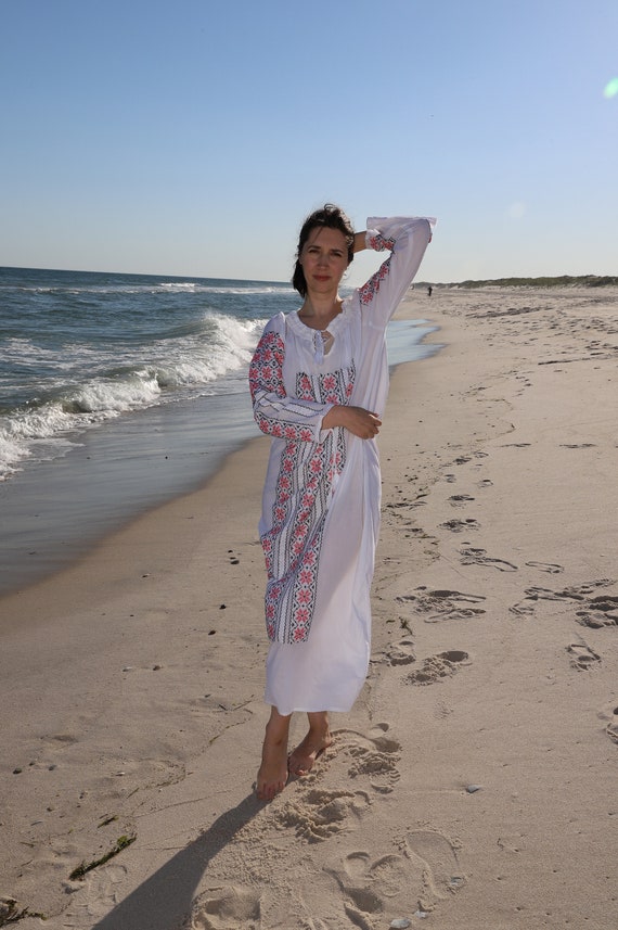 white cotton peasant dress COTTON 3/4 CUFF PEASANT DRESS WHITE
