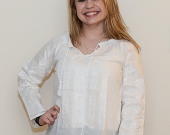 Romanian Embroidered Cotton Shirt, Traditional Folk Peasant Top