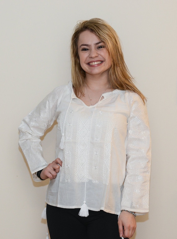 Romanian Embroidered White Blouse