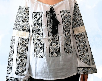 Romanian Embroidered Blouse, Black White Traditional Ie Style Top, Cotton Folk Peasant Blouse, Romanian Heritage Clothing
