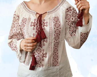 Romanian Dark Red Embroidered Blouse, White Cotton Folk Top, Short Sleeve Romanian Ie Style Shirt, Traditional Peasant Blouse