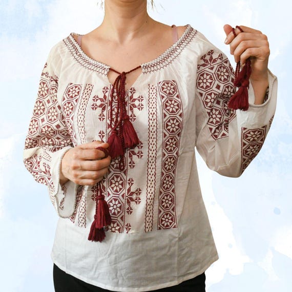 White Cotton Romanian Blouse, Dark Red Geometric Embroidery, Short Sleeve Peasant Top