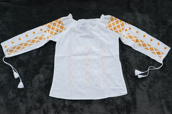 Romanian Embroidered Blouse Yellow and White - image 4
