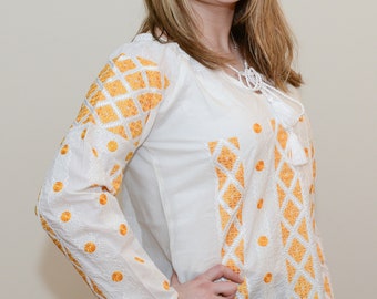 Romanian Embroidered Blouse, Yellow and White Folk Ie Style Top, Traditional Cotton Peasant Blouse, Ethnic Embroidery Shirt, Heritage Gift