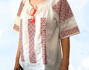 Rumänsk röd broderad blus, vit bomullstopp i folkstil, kortärmad skjorta i rumänsk IE-stil, traditionell bondeblus