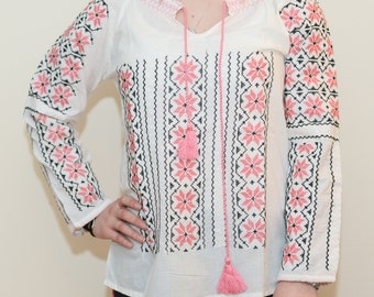 Traditional Romanian Embroidered Blouse, Ie Style Cotton Peasant Top