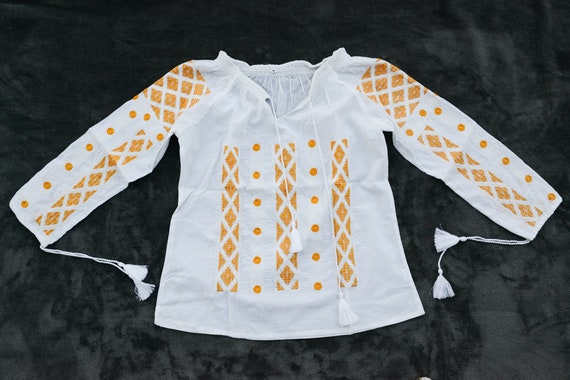 Romanian Embroidered Blouse Yellow and White - image 2