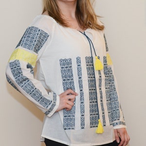 Romanian Embroidered Blouse Black, Yellow and White