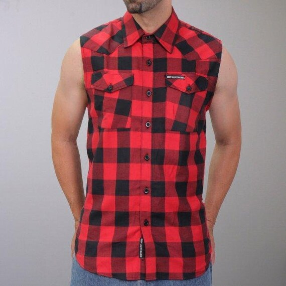 Black and Red Sleeveless Biker Shirt Flannel for Men | Etsy
