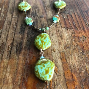 Turquoise and olive green handmade czech beads with Turquoise pillows & aquamarine and turquoise crystals and bronze seed beads