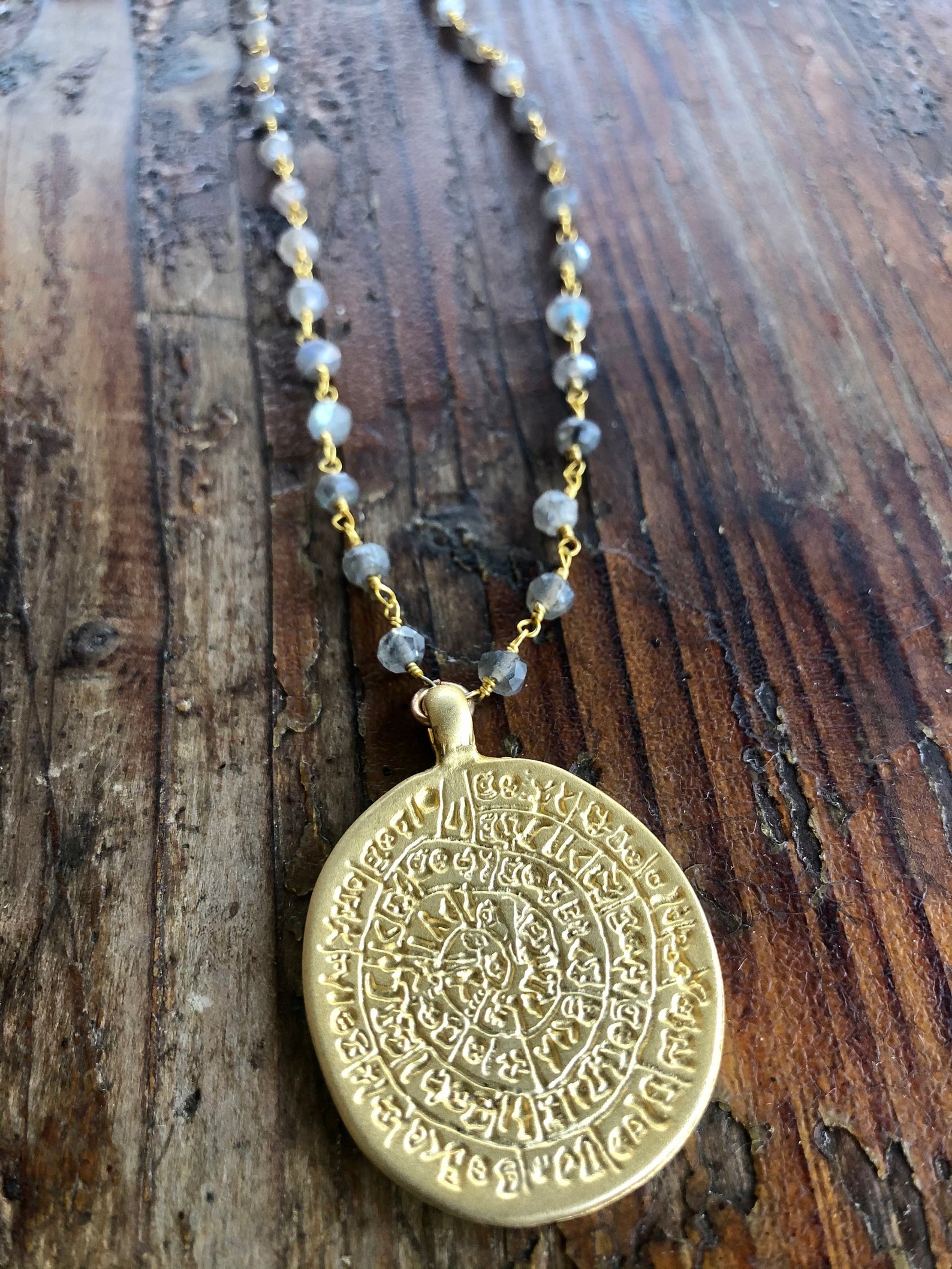 Gold Greek Calendar Medallion on Labradorite Gold Wrapped Etsy