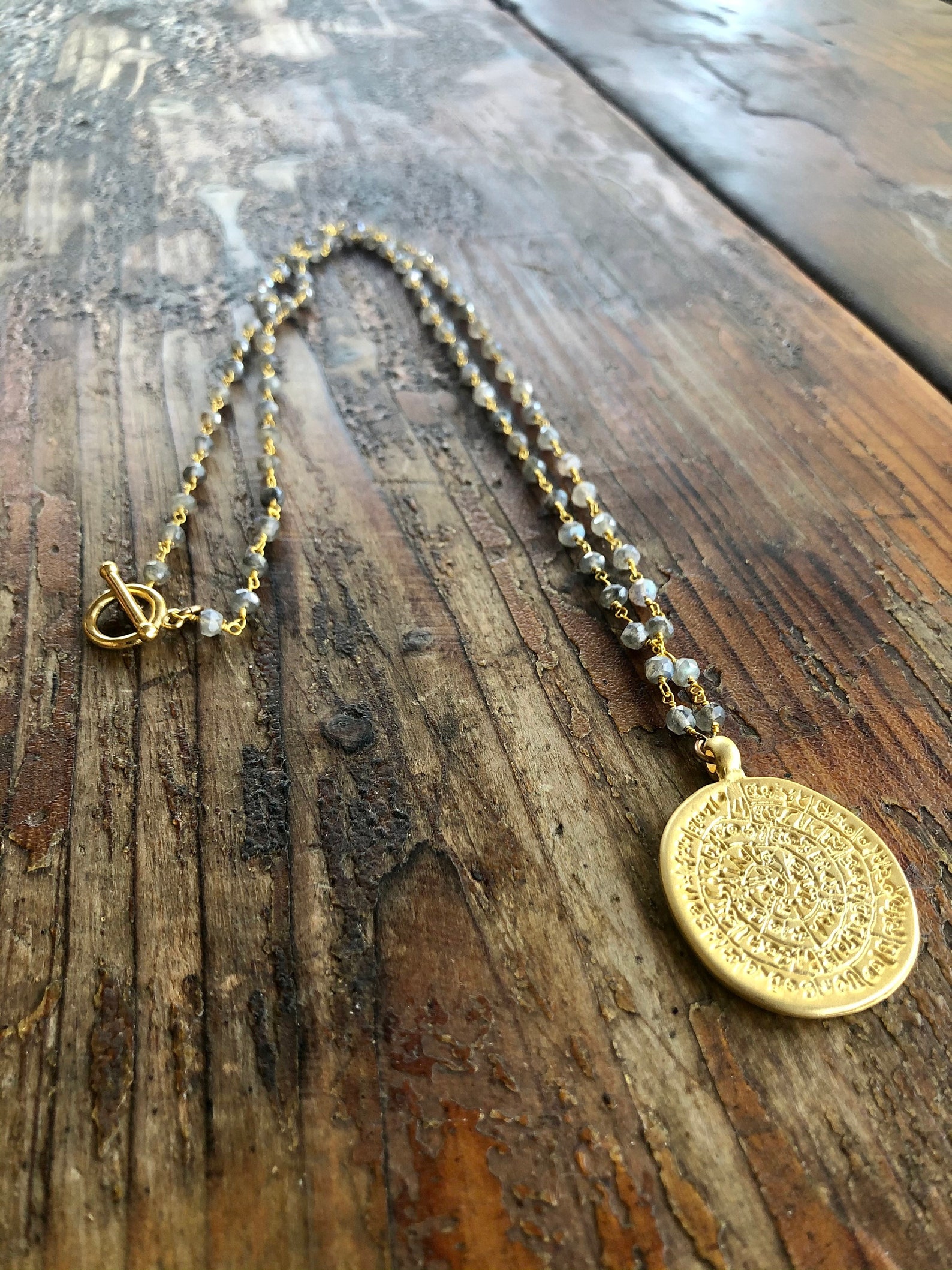 Gold Greek Calendar Medallion on Labradorite Gold Wrapped Etsy