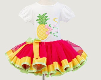 Vibrant Tutti Frutti Tutu Outfit for Kids - Dark Pink Skirt, Pineapple Embroidered T-Shirt with Customizable Name