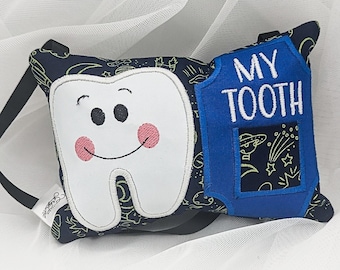 Handmade Dark Blue Space Fabric Tooth Fairy Pillow with Personalized Touch and Glow in the Dark HTV