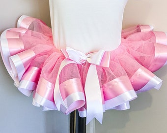 Pretty in Pink & White Ribbon Tutu - Size 6m to 7y - Handmade Tutu Skirt