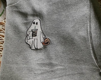 Sudadera con bordado de fantasma: Café helado y calabaza - Halloween