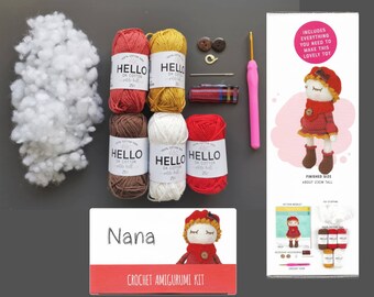DIY AMIGURUMI KIT - "Nana" häkeln Amigurumi Kit - süßes Amigurumi Muster - großes Häkelspielzeug - lerne zu häkeln Geschenk Amigurumi Puppe