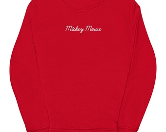 Unisex broderad Musse Pigg ekologisk rund halströja med dekal baktill