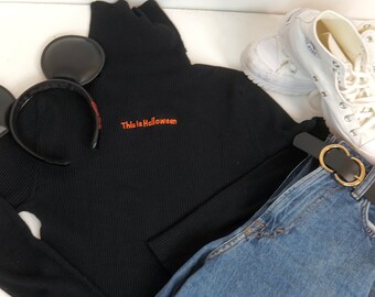 This Is Halloween Embroidered Ribbed Black Turtleneck