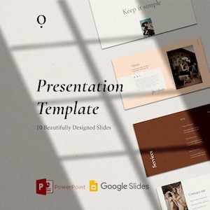 May include: A presentation template with 10 beautifully designed slides. The template is available in both PowerPoint and Google Slides formats. The image shows a few slides with text and images, including a slide titled "About" and a slide titled "Services".