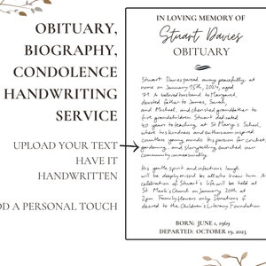 Servicio de obituario, biografía y carta de condolencias escritos a mano: mensajes de condolencias personales, escritura de recuerdos conmemorativos personalizados