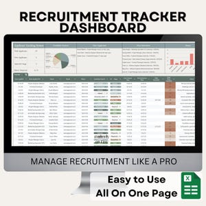 May include: A computer screen displaying a recruitment tracker dashboard with charts, graphs, and a spreadsheet. The dashboard includes sections for applicant tracking, candidate sources, flow applicants, first interviews, and status. The text "Manage Recruitment Like A Pro" is displayed below the dashboard. The text "Easy to Use" and "All On One Page" is displayed below the dashboard.