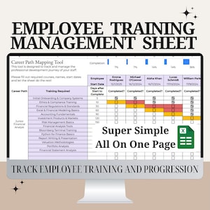 May include: A computer screen displays an employee training management sheet. The sheet includes a career path mapping tool with sections for training required, employee names, start dates, and completion status. Text on the screen reads "Super Simple All On One Page."