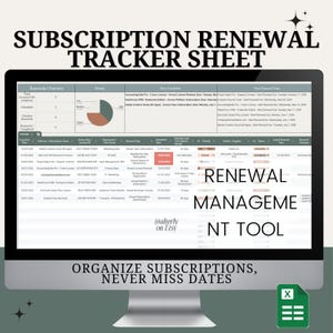 Könnte beinhalten: Ein Computerbildschirm zeigt eine Tabellenkalkulation mit dem Titel "Abonnement-Verlängerungs-Tracker-Sheet". Die Tabellenkalkulation dient dazu, die Verlängerung von Abonnements zu verfolgen und enthält Spalten für den Abonnementnamen, den Verlängerungstyp, das geplante Datum, die Verlängerungsperiode, die Priorität, den Anbieter und den Status. Die Tabellenkalkulation ist nach Datum sortiert und enthält eine visuelle Übersicht der Verlängerungen.
