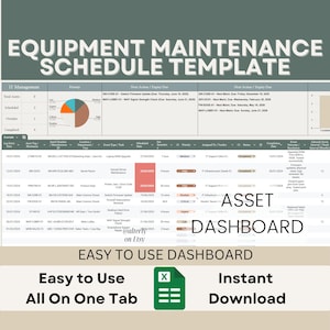 Puede incluir: Plantilla de programación de mantenimiento de equipos con un gráfico circular y tablas de datos. La plantilla incluye secciones para la gestión de TI, el seguimiento de activos y un panel. Texto: "Panel de control fácil de usar" y "Descarga instantánea".