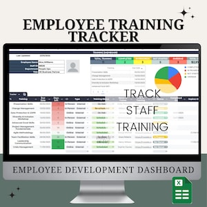 May include: A computer screen displaying a spreadsheet with a training dashboard for employee development. The spreadsheet shows a list of training courses, their due dates, days left, type, training status, and other information. The dashboard also includes a pie chart showing the percentage of training courses that are completed, in progress, not started, and overdue.