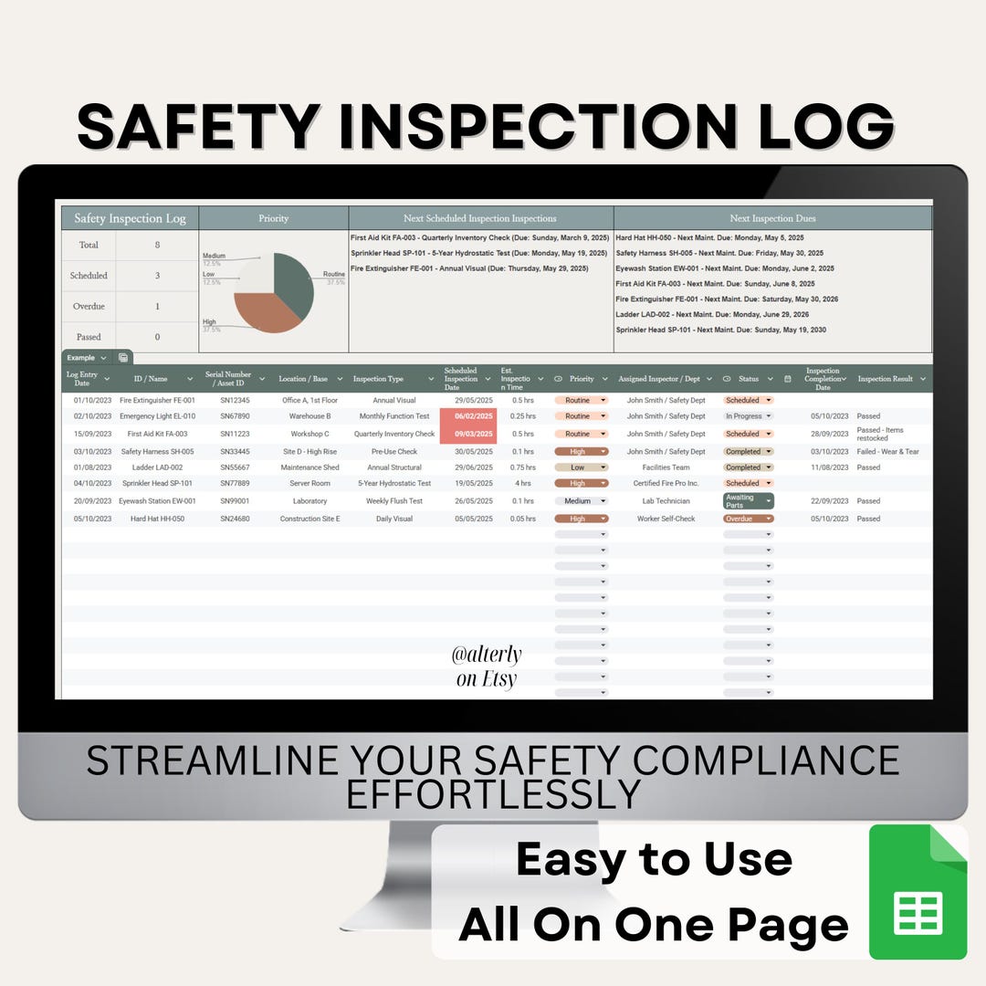 Work Inspection Tracker Safety Inspection Log & Tracker | Google Sheets Template | Compliance ...