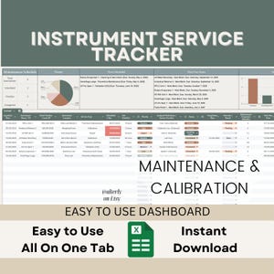 Peut inclure: Un modèle de feuille de calcul coloré pour le suivi de la maintenance et de l'étalonnage des instruments. La feuille de calcul comprend un calendrier de maintenance, des niveaux de priorité, le type de service, la date prévue, la durée et la prochaine date d'échéance. Le modèle est facile à utiliser et peut être téléchargé instantanément. Le texte sur l'image indique "Instrument Service Tracker", "Maintenance & Calibration", "Tableau de bord facile à utiliser", "Facile à utiliser Tout sur un seul onglet", et "Téléchargement instantané".