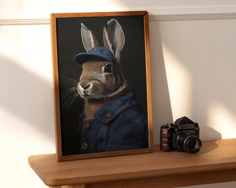 Chiaroscuro Rabbit in Cap & Overalls | Realistic Animal Portrait | Nursery Home Decor Poster