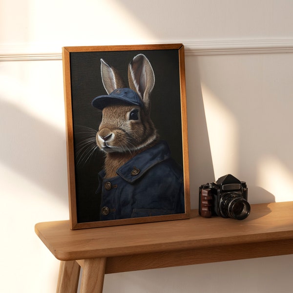 Lapin clair-obscur en Casquette et Salopette | Portrait animalier réaliste | Affiche de décor à la maison de pépinière