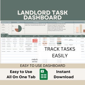 May include: A digital Landlord Task Dashboard with a teal and white color scheme. The dashboard includes sections for maintenance schedules, task tracking, and property details. Text on the image includes "Track Tasks Easily" and "Easy to Use Dashboard."