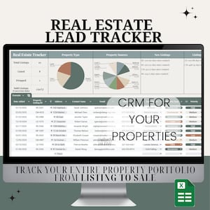 May include: A computer screen displaying a real estate lead tracker spreadsheet with charts and graphs. The spreadsheet includes columns for date added, property ID, address, contact name, email, lead type, and priority. The text "CRM for your properties" is displayed in large, bold letters on the screen.