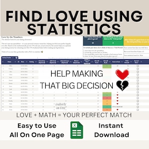 Hitta kärleken med hjälp av statistik | Dejtingspårning och poängsystem + matchningsmatematik | Digital kärlekskalkylator | Google Sheets-kalkylblad