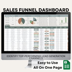 Op de afbeelding: Een computerscherm dat een sales funnel dashboard weergeeft met een groen, bruin en blauw kleurenschema. Het dashboard bevat een CRM/Sales Pipeline, Opportunity Priority, Lead Source, Prospects to Follow Up, Prospects to Contact en Top Performing Leads. Het dashboard bevat ook een tabel met gegevens over leads, inclusief bedrijfsnaam, contactpersoon, e-mail, telefoon, leadbron, bedrijfsgrootte, prioriteit, status, datum van laatste contact, datum van laatste follow-up en aantal contacten. De tekst "IDENTIFY TOP-PERFORMING LEAD GENERATION CHANNELS" wordt onder het dashboard weergegeven. De tekst "Easy to Use All On One Page" wordt weergegeven in een groene box met een witte rand.