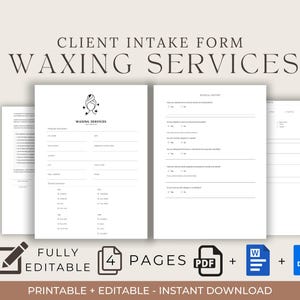 Op de afbeelding: Een printbaar intakeformulier voor waxservices. Het formulier bevat secties voor persoonlijke informatie, gevraagde diensten en medische geschiedenis. Het formulier is volledig bewerkbaar en is beschikbaar in PDF- en DOC-formaten.
