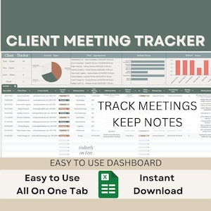 Könnte beinhalten: Eine grün-weiße Tabellenkalkulation mit dem Titel "Client Meeting Tracker". Die Tabellenkalkulation enthält einen Client-Tracker, Meeting-Notizen und ein Dashboard. Die Tabellenkalkulation soll dabei helfen, Kundentermine zu verfolgen und Notizen zu machen.
