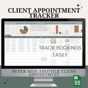 Może przedstawiać: Ekran komputera wyświetlający arkusz kalkulacyjny z tytułem "Client Appointment Tracker". Arkusz kalkulacyjny służy do śledzenia spotkań, w tym daty, godziny, czasu trwania i statusu każdego spotkania. Arkusz kalkulacyjny zawiera również wykres kołowy pokazujący liczbę spotkań, które zostały zakończone, zaplanowane i odwołane. Tekst "TRACK BOOKINGS EASILY" jest wyświetlany dużymi literami na ekranie. Tekst "NEVER MISS ANOTHER CLIENT APPOINTMENT" jest wyświetlany u dołu ekranu. Ekran jest otoczony białą ramką i jasnobrązowym tłem.