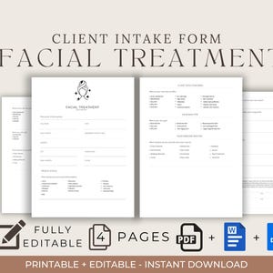 Facial Treatment Forms | Esthetician Client Forms & Consultation | Skin Analysis, Treatment Plans | Beauty Salon Digital Template | Spa Form