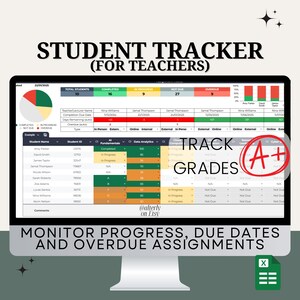 May include: A computer screen displaying a spreadsheet with a student tracker for teachers. The spreadsheet includes columns for student name, student ID, completion status, and due dates. The spreadsheet is titled "Student Tracker (For Teachers)" and includes a pie chart showing the percentage of students who have completed, are in progress, or are not due. The spreadsheet also includes a section for tracking grades with an A+ grade highlighted.