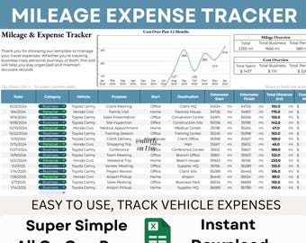 May include: A printable mileage and expense tracker spreadsheet template. The template includes a mileage overview, cost overview, and a table to track mileage and expenses for business and personal trips. The table includes columns for date, category, vehicle, purpose, start, destination, odometer start, odometer finish, total distance, and cost.