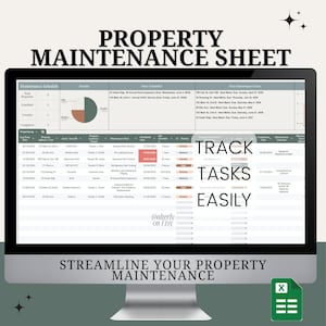 May include: A digital spreadsheet template for property maintenance tracking. The spreadsheet includes sections for property details, maintenance schedule, and a log of completed tasks. The text "TRACK TASKS EASILY" is displayed in large, bold letters.