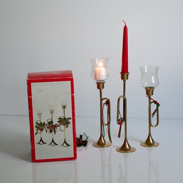 Brass NIB Set of Three Brass Bugle Candlesticks, Christmas Candlesticks - trumpet musical - votive attachment glass Holiday Set of 3