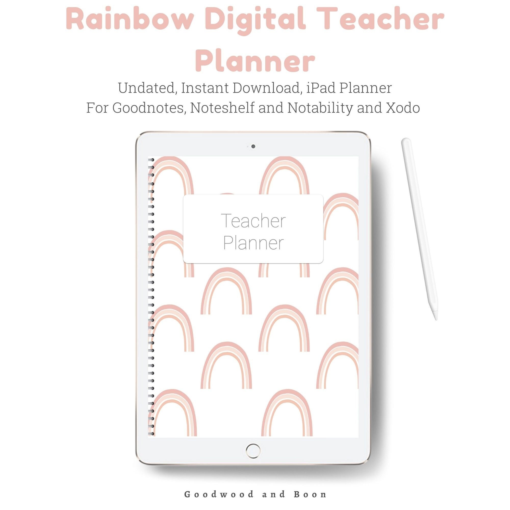 Noteshelf Xodo 2022 Teacher Digital Planner Minimalist Teacher Planner iPad Notability OneNote Boho Rainbow Goodnotes Planner Undated
